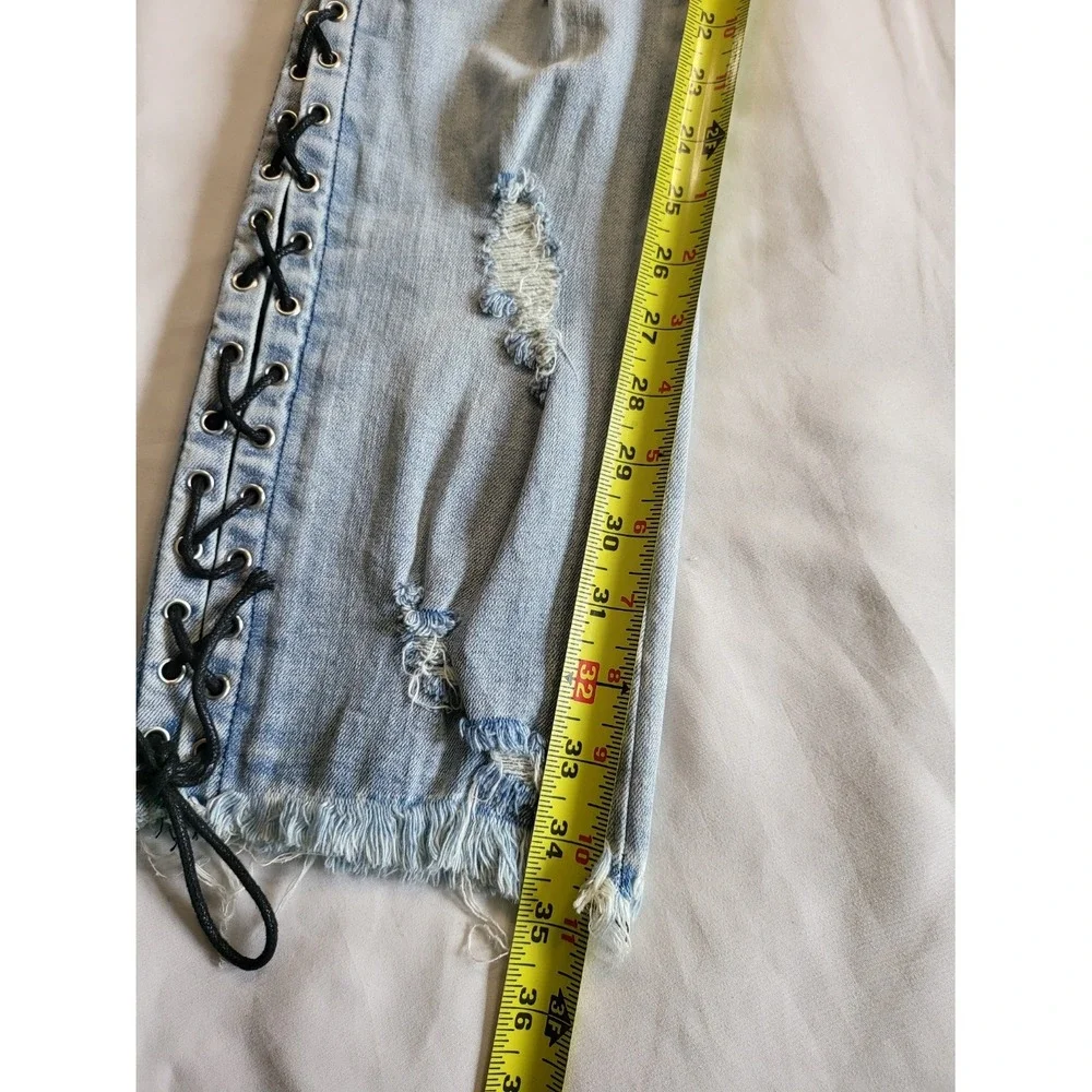 Y2K Rockstar Original Honor Mens Distressed Lace Up Cargo Jeans Light Blue 34